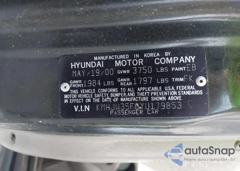 2000 Hyundai Elantra Gls из США, поврежденный, VIN KMHJW35F0YU179853